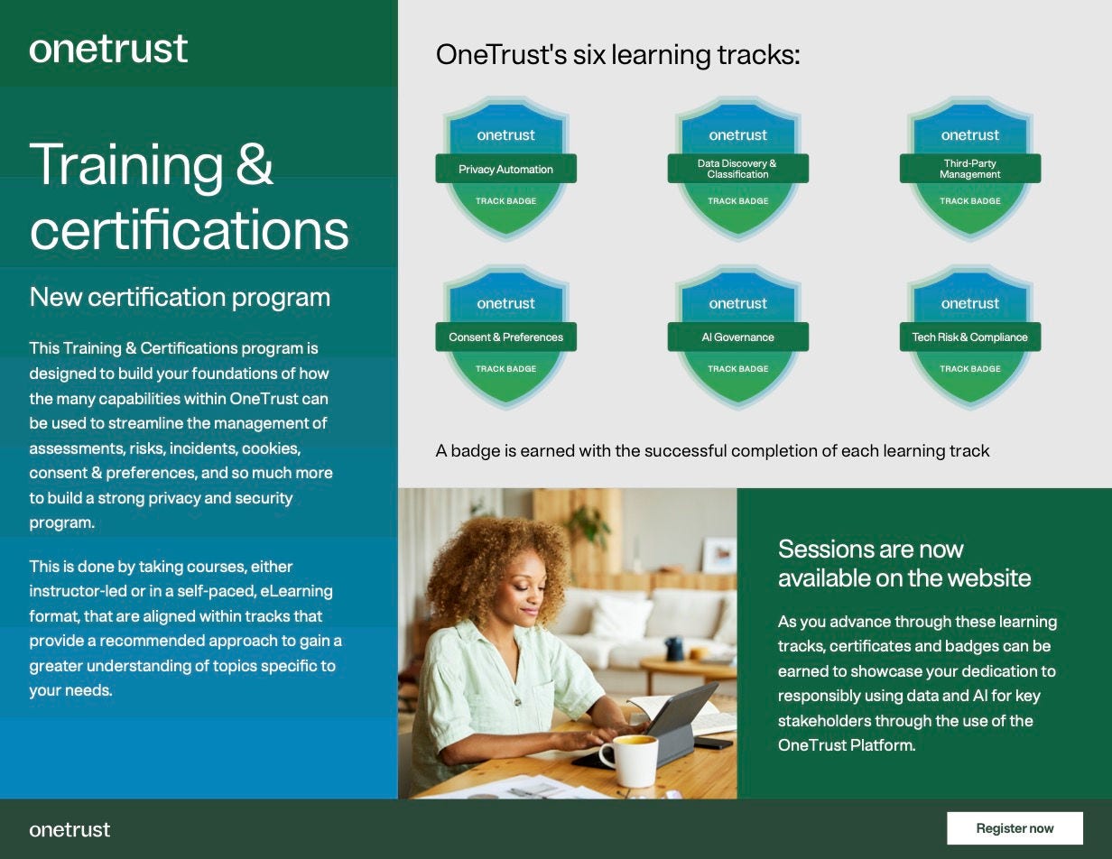 Infographic explaining the updated OneTrust training and certification program