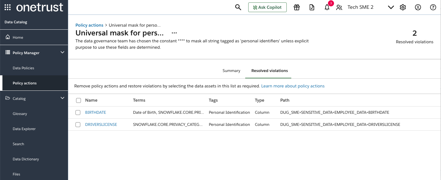 Screenshot of the Data Governance resolved violations screen